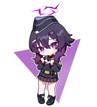 1girl bare_legs belt black_belt black_boots black_hat blue_archive blue_jacket blush boots buttons chibi chibi_only closed_mouth collared_shirt commentary_request dot_mouth dot_nose double-breasted double-parted_bangs full_body garrison_cap gradient_hair grey_skirt hair_between_eyes hair_ornament hairclip halo hands_up haruka_(blue_archive) hat head_tilt highres jacket jorang_(jorang08) lapels long_sleeves looking_at_viewer medium_hair miniskirt multicolored_hair notched_lapels outline pigeon-toed pleated_skirt purple_background purple_eyes purple_hair purple_halo raised_inner_eyebrows red_shirt shirt skirt solo standing thick_eyelashes white_background white_outline