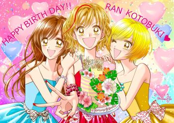 Rule 34 | 2021, 3girls, artist name, bare shoulders, birthday, birthday cake, blonde hair, blue dress, bracelet, brown hair, cake, character name, dated, dress, english text, food, fujii mihona, gals!, happy birthday, highres, holding, holding cake, holding food, hoshino aya, jewelry, kotobuki ran, long hair, looking at viewer, multicolored hair, multiple girls, official art, one eye closed, open mouth, orange hair, red dress, red hair, red streaks, ring, short hair, signature, smile, strapless, strapless dress, streaked hair, yamazaki miyu, yellow dress