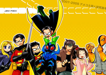 10s 2girls 6+boys armor avalanche batman_(series) belt black_hair blonde_hair blue_beetle blue_eyes brothers brown_hair cape couple crossover dc_comics deathstroke dick_grayson domino_mask eye_mask family fingerless_gloves food gloves green_footwear hair_bobbles hair_ornament jaime_reyes jason_todd jewelry kitty_pryde lance_alvers marvel mask muffin multiple_boys multiple_girls necklace necktie nekomiso ponytail robin_(dc) shirt shoes siblings slade_wilson spoiler_(dc) staff stephanie_brown surprised tim_drake time_paradox x-men yellow_shirt