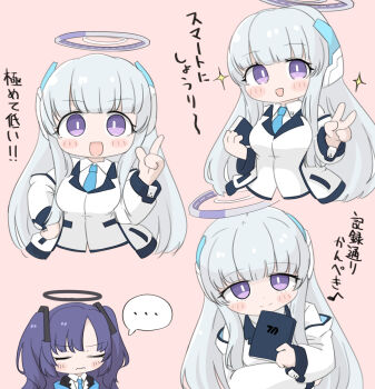 ... 2girls :d black_jacket blue_archive blue_necktie blush_stickers breasts chibi closed_eyes closed_mouth collared_shirt grey_hair halo hand_up headgear highres index_finger_raised jacket long_hair medium_breasts miranofuudoria multiple_girls multiple_views necktie noa_(blue_archive) off_shoulder open_clothes open_jacket open_mouth pink_background purple_eyes purple_hair shirt simple_background smile spoken_ellipsis translation_request two_side_up very_long_hair wavy_mouth white_jacket white_shirt yuuka_(blue_archive)