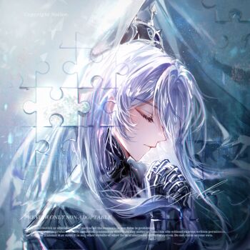 Rule 34 | 1boy, armor, black tiara, blue background, blue veil, cael anselm, cael anselm (god forsaken land), chinese commentary, closed eyes, closed mouth, commentary request, expressionless, from side, gauntlets, gradient background, hair between eyes, highres, jigsaw puzzle, long hair, lovebrush chronicles, luludeer386, male focus, mandarin collar, own hands clasped, own hands together, ponytail, profile, puzzle, sample watermark, see-through clothes, see-through veil, shoulder armor, solo, tiara, veil, watermark, white background, white hair