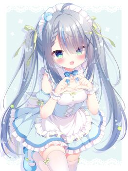 1girl :d alternate_costume apron bare_shoulders blue_background blue_bow blue_bowtie blue_dress blue_sleeves blush border bow bowtie commentary_request cowboy_shot detached_sleeves dress drop_shadow enmaided four-finger_heart_hands frilled_apron frilled_dress frilled_wrist_cuffs frills green_eyes green_ribbon grey_hair hair_ornament hair_over_one_eye heart heart_hands highres indie_virtual_youtuber long_hair looking_at_viewer maid maid_headdress momoruri_seiran neck_ribbon nekoboshi_yuki open_mouth outside_border ribbon short_sleeves sidelocks sleeveless sleeveless_dress smile solo striped_bow striped_bowtie striped_clothes thighhighs twintails virtual_youtuber waist_apron white_apron white_border white_thighhighs wrist_cuffs x_hair_ornament