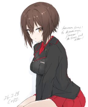 Rule 34 | 1girl, artist name, black jacket, breasts, brown eyes, brown hair, commentary, core (mayomayo), cross, dated, girls und panzer, hair between eyes, hat, iron cross, jacket, kuromorimine military uniform, large breasts, looking at viewer, military, military hat, military jacket, military uniform, miniskirt, nishizumi maho, open mouth, pleated skirt, red shirt, red skirt, shirt, short hair, simple background, sitting, skirt, solo, v arms, white background