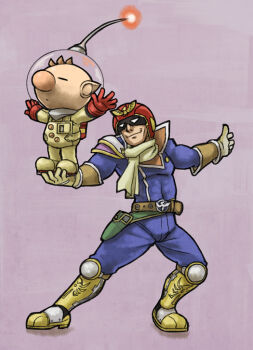 2boys armored_boots backpack bag belt belt_bag belt_buckle blue_bodysuit bodysuit boots bracelet brown_belt brown_gloves brown_hair buckle buttons captain_falcon closed_mouth collared_bodysuit expressionless f-zero full_body gloves goggles green_bag happy height_difference helmet jewelry knee_boots lifting_person male_focus multiple_boys naru_(wish_field) nintendo olimar outstretched_arms pikmin_(series) purple_background radio_antenna red_bag red_gloves red_helmet scarf short_hair simple_background smile space_helmet spacesuit standing studded_belt super_smash_bros. very_short_hair white_scarf yellow_boots