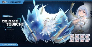 1girl :d azur_lane bare_shoulders blue_eyes blush breasts center_opening character_name cleavage commentary copyright_name crossover crown date_a_live dress elbow_gloves english_commentary english_text expression_chart expressionless full_body gloves hand_on_own_chest hand_up high_heels highres legs medium_breasts medium_hair official_art open_mouth promotional_art smile solo thighhighs thighs tobiichi_origami_(spirit) veil white_dress white_gloves white_hair white_veil