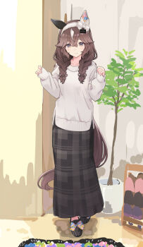 Rule 34 | 1girl, animal ears, braid, breasts, brown eyes, casual, closed mouth, collarbone, commentary request, curren bouquetd'or (umamusume), full body, hair between eyes, hair ornament, horse ears, kfhhen, long hair, looking at viewer, low twin braids, small breasts, smile, solo, standing, twin braids, umamusume