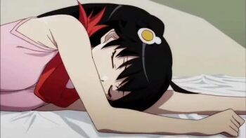 1girl animated araragi_karen bare_legs barefoot bed bed_sheet black_eyes black_hair blush breasts closed_eyes egg_hair_ornament feet female_focus food-themed_hair_ornament from_below hair_ornament kneepits legs long_hair looking_at_viewer lying miniskirt monogatari_(series) on_side pleated_skirt purple_skirt red_scarf scarf sexually_suggestive sideboob sitting skirt sleeveless solo solo_focus tagme teeth thighs toes video