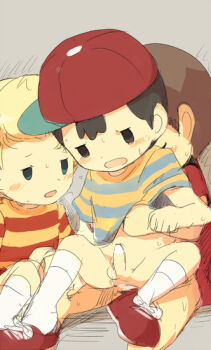 3boys anal animal_crossing anus artist_request ass black_hair blonde_hair blush bottomless brown_hair child erection groin hat lucas_(mother_3) moaning mother_(series) mother_2 mother_3 multiple_boys ness_(mother_2) nintendo penis perineum red_hat red_shoes sex shirt shoes shota sitting striped_clothes striped_shirt super_smash_bros. sweat sweatdrop villager_(animal_crossing) yaoi