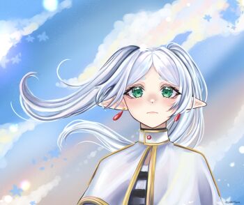 1girl capelet earrings elf frieren green_eyes highres jewelry lilum long_hair looking_at_viewer parted_bangs pointy_ears solo sousou_no_frieren teardrop_earrings twintails white_capelet white_hair