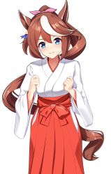 Rule 34 | 1girl, absurdres, alternate costume, animal ears, bow, brown hair, closed mouth, commentary request, cowboy shot, ear ornament, hair between eyes, hakama, highres, horse ears, horse girl, horse tail, japanese clothes, long hair, long sleeves, looking at viewer, multicolored hair, pink bow, red hakama, simple background, smile, solo, streaked hair, sunny (20597521), tail, tokai teio (umamusume), umamusume, white background, white hair, wide sleeves