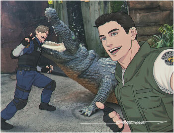 2boys artist_name black_gloves black_hair black_shoes blonde_hair blue_pants blue_shirt bulletproof_vest chris_redfield crocodile crocodilian elbow_pads fingerless_gloves full_body gloves green_vest hair_slicked_back knee_pads male_focus multiple_boys open_mouth pants parted_bangs photo_background resident_evil resident_evil_2 sardine_(kjr0313) shirt shoes short_hair smile thumbs_up upper_body v vest white_shirt