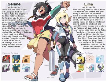 2girls aged_up alternate_muscle_size diving_suit height highres juno_son lillie_(pokemon) multiple_girls muscular muscular_female nintendo pokemon pokemon_sm reference_sheet sandals selene_(pokemon) size_difference surfboard surfing tall_female