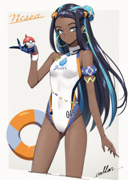 Rule 34 | 1girl, adapted costume, aqua eyes, armlet, belly chain, blue eyeshadow, character name, cibo (killy), closed mouth, commentary request, cropped legs, dark-skinned female, dark skin, dynamax band, earclip, earrings, eyelashes, eyeshadow, gloves, hair bun, hand up, highres, hoop earrings, jewelry, long hair, looking at viewer, makeup, multicolored hair, nessa (pokemon), nintendo, one-piece swimsuit, partially fingerless gloves, pokemon, pokemon swsh, sidelocks, signature, single glove, single hair bun, solo, swimsuit, two-tone hair, white one-piece swimsuit