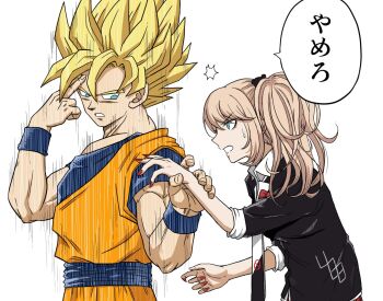 1boy 1girl bear_hair_ornament black_shirt blonde_hair blue_eyes bow breasts danganronpa:_trigger_happy_havoc danganronpa_(series) dragon_ball dragonball_z enoshima_junko hair_ornament holding_another's_wrist kmnm_1403 large_breasts long_hair muscular muscular_male nail_polish necktie red_bow red_nails shirt short_sleeves simple_background son_goku speech_bubble super_saiyan super_saiyan_1 sweatdrop teleportation translation_request twintails white_background