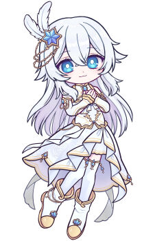 1girl :3 bare_shoulders blue_eyes boots borrowed_character bright_pupils closed_mouth coattails commission crossed_bangs deformed detached_sleeves double-parted_bangs feather_hair_ornament feathers flat_chest frilled_skirt frills full_body gold_trim hair_jewelry hair_ornament hands_on_own_chest hands_up high-low_skirt highres knees_together_feet_apart light_smile long_hair long_sleeves looking_at_viewer nonokusu_(no2xnox) original own_hands_together pigeon-toed second-party_source shirt sidelocks simple_background skeb_commission skirt skirt_set sleeveless sleeveless_shirt sleeves_past_wrists solo tachi-e thighhighs white_background white_boots white_hair white_pupils white_shirt white_skirt white_theme white_thighhighs