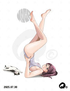 1girl ass barefoot brown_hair cat competition_swimsuit dated exercising glasses grey_one-piece_swimsuit gymnastics long_hair looking_at_viewer lying on_back one-piece_swimsuit original ponytail q98780409 stretching swimsuit white_background white_one-piece_swimsuit