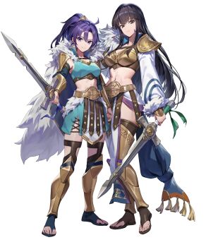 2girls armor black_hair breastplate breasts cleavage fir_(dual_warrior)_(fire_emblem) fir_(fire_emblem) fire_emblem fire_emblem:_the_binding_blade fire_emblem:_the_blazing_blade fire_emblem_heroes frown gladiator_sandals highres holding holding_sword holding_weapon karla_(dual_warrior)_(fire_emblem) karla_(fire_emblem) long_hair looking_at_viewer medium_breasts mother_and_daughter multiple_girls navel nintendo non-web_source official_alternate_costume official_art ponytail purple_hair sandals smile sword tachi-e very_long_hair weapon