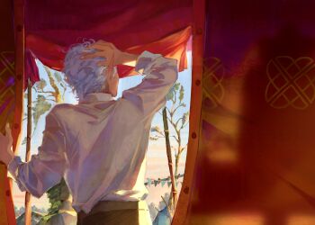 Rule 34 | 1boy, absurdres, astarion, baldur's gate, baldur's gate 3, dungeons & dragons, dungeons &amp; dragons, facing away, from behind, highres, kuzen, male focus, pointy ears, shirt, short hair, solo, tree, upper body, wavy hair, white hair, white shirt