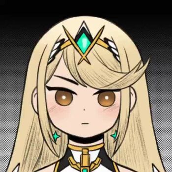 1girl 2021 animated armor black_background blonde_hair blush commentary core_crystal_(xenoblade) dot_nose dress earrings english_commentary expressionless eyebrows_hidden_by_hair female_focus gradient_background jewelry jojobee long_hair looking_at_viewer monolith_soft mythra_(xenoblade) nintendo parody pauldrons shoulder_armor solo straight-on style_parody swept_bangs tiara video white_dress xenoblade_chronicles_(series) xenoblade_chronicles_2 yellow_eyes