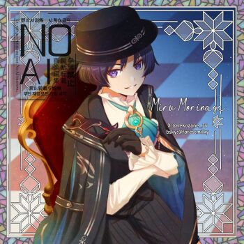 Rule 34 | 1boy, aqua gem, artist name, ascot, black cloak, black gloves, black hair, black hat, black shorts, blue ascot, blue cloak, bluesky username, blunt ends, boater hat, bright pupils, brooch, chair, checkered floor, cloak, commentary request, dress shirt, eye mask, eyeliner, eyeshadow, formal clothes, frilled shirt collar, frilled sleeves, frills, gem, genshin impact, gloves, half gloves, hat, holding, holding mask, jewelry, layered ascot, long sleeves, looking at viewer, makeup, male focus, mask, morinaga miru, official alternate costume, parted lips, purple ascot, purple eyes, purple mask, red eyeliner, red eyeshadow, ringed eyes, scaramouche (genshin impact), shirt, shorts, sitting, solo, tsurime, twitter username, two-sided cloak, two-sided fabric, undershirt, wanderer (genshin fes 2026) (genshin impact), wanderer (genshin impact), watermark, white mouth, white pupils, white shirt, white sleeves, wispy bangs