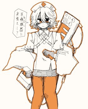 Rule 34 | 1204enbi, 1girl, belt, braid, cable, closed mouth, collared shirt, commentary request, expressionless, gloves, hand up, hat, hatching (texture), highres, instrument, jacket, jacket partially removed, jitome, keyboard (instrument), nurse, nurse cap, nurse robot type t, orange eyes, orange outline, orange pants, outline, pants, shaded face, shirt, short hair, simple background, speech bubble, spot color, sweat, translation request, utau, white background