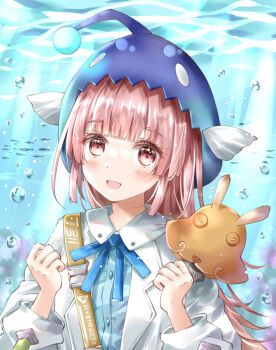 1girl :d absurdres air_bubble anglerfish anglerfish_costume ayaro_(genkiloobaii) blue_ribbon blue_shirt blunt_bangs blunt_ends blush bubble clenched_hands coat commentary_request eyelashes fish fish_hat hands_up heaven_burns_red highres hime_cut long_hair long_sleeves looking_at_viewer mizuhara_aina neck_ribbon open_mouth pink_eyes pink_hair ribbon shirt sidelocks smile solo sunlight underwater upper_body very_long_hair white_coat