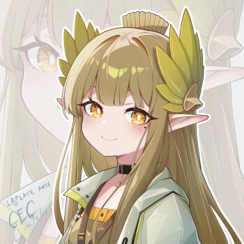 Rule 34 | 1girl, arknights, artist name, black choker, bright pupils, brown hair, brown shirt, choker, closed mouth, commentary, dated, elf, english commentary, grey jacket, highres, jacket, laplace arts, light blush, long hair, mole, mole under eye, muelsyse (arknights), outline, pointy ears, portrait, shirt, sidelocks, smile, solo, white outline, white pupils, yellow eyes, zoom layer