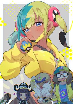 2girls 3boys aqua_hair bandeau beard black_dress black_hair black_mask blonde_hair blue_eyes blue_shirt blunt_bangs blush breasts brown_hair brown_helmet canari_(pokemon) closed_eyes closed_mouth coat collared_shirt commentary_request criss-cross_straps dark-skinned_female dark-skinned_male dark_skin dress facial_hair glasses gloves green_necktie gwynn_(pokemon) hat heart helmet holding holding_poke_ball jacket long_hair long_sleeves mani_(pokemon) mask mask_pull mega_stone mizuiro123 mouth_mask multicolored_hair multicolored_nails multiple_boys multiple_girls naveen_(pokemon) necktie nintendo old old_man open_clothes open_jacket open_mouth poke_ball pokemon pokemon_legends:_z-a purple_eyes purple_hair quick_ball shirt short_hair short_twintails smile split-color_hair sports_bra tarragon_(pokemon) twintails two-tone_hair two-tone_mask vest white_coat white_gloves white_jacket yellow_bandeau yellow_jacket yellow_mask yellow_sports_bra yellow_vest