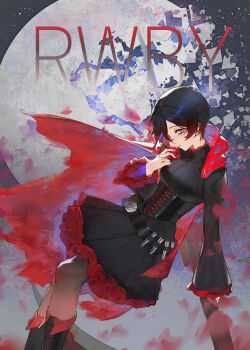1girl absurdres black_boots black_dress black_hair boots breasts cape closed_mouth commentary copyright_name cross-laced_clothes cross-laced_dress dress english_commentary flower gradient_hair grey_eyes highres hood hooded_cape looking_at_viewer multicolored_hair red_cape red_hair revo1917 rose ruby_rose rwby scythe short_hair solo white_flower white_rose