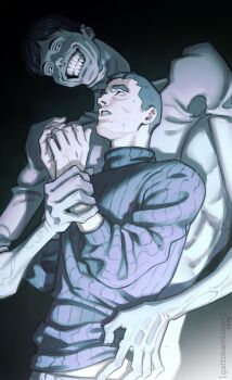 2boys absurdres black_eyes black_hair closed_mouth commentary crazy_smile dark_background emaciated english_commentary evil_grin evil_smile grin hand_on_another's_waist hand_on_another's_wrist height_difference held_down highres intruder_(no_i'm_not_a_human) large_hands looking_at_another male_focus multiple_boys no_i'm_not_a_human nude protagonist_(no_i'm_not_a_human) restrained short_hair smile sweater tall_male teeth teppn_(gattobamboom) turtleneck turtleneck_sweater underlighting upper_body watermark yaoi