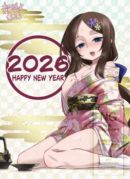 1girl 2026 bare_shoulders blue_eyes blush bow breasts brown_hair commentary_request fate/grand_order fate_(series) floral_print flower forehead galbany_(tsgororin) hair_bow hair_flower hair_ornament happy_new_year japanese_clothes kimono leonardo_da_vinci_(fate) leonardo_da_vinci_(fate/grand_order) leonardo_da_vinci_(rider)_(fate) long_hair long_sleeves looking_at_viewer new_year obi off_shoulder open_mouth parted_bangs pink_kimono ponytail sash sitting small_breasts smile socks solo thighs watermark