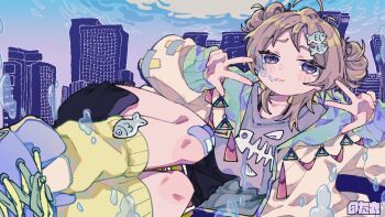 1girl @_@ ahoge artist_name bandaid bandaid_on_knee bandaid_on_leg black_shorts blue_shoes blue_sky blush_stickers brown_hair commentary_request day double_bun double_w feet_out_of_frame fish_skeleton_print grey_shirt hair_bun hands_up highres jacket long_sleeves looking_at_viewer medium_hair notamaru_2 open_clothes open_jacket original outdoors parted_lips print_shirt purple_eyes shirt shoes shorts sky skyline sneakers socks solo w yellow_jacket yellow_socks