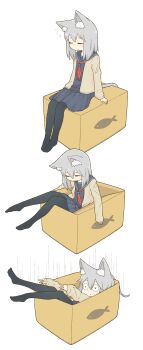 1girl 3koma :&lt; absurdres animal_ear_fluff animal_ears blue_skirt box cardboard_box cardigan cat_ears cat_girl cat_tail closed_eyes comic diode_(0_division) grey_hair highres in_box in_container long_sleeves neckerchief no_shoes o_o on_box open_cardigan open_clothes original pantyhose parted_lips pleated_skirt red_neckerchief sailor_collar school_uniform serafuku silent_comic simple_background sitting sitting_on_box skirt sleeping tail white_background