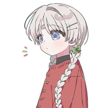 1girl blue_eyes blush bow braid closed_mouth green_bow grey_hair grey_outline hair_bow highres long_hair notice_lines original outline red_shirt shirt simple_background single_braid solo upper_body white_background yalmyu