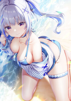 1girl ass bare_legs bare_shoulders beach blue_bra blue_choker bra breasts butt_crack choker collarbone commentary_request full_body hair_ornament hairclip hand_on_own_face highres kneeling large_breasts light_blush long_hair looking_at_viewer ocean parallel_hairclips purple_eyes shirt smile solo underwear white_hair white_shirt x_hair_ornament zzz_(zzz00166403zzz)