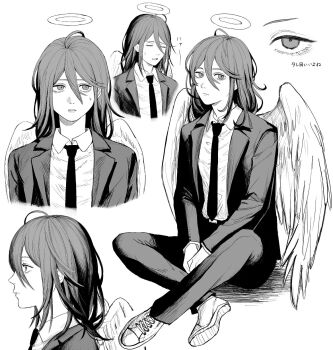 Rule 34 | 1boy, angel devil (chainsaw man), chainsaw man, closed mouth, collared shirt, commentary request, cropped torso, from side, hair between eyes, halo, highres, invisible chair, jacket, looking at viewer, male focus, multiple views, necktie, open clothes, open jacket, pants, profile, rigeshita, shirt, shoe soles, shoes, short hair, simple background, sitting, suit jacket, translation request, white background, wings