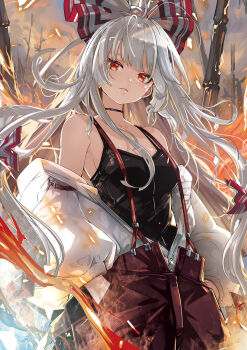 1girl alternate_costume bamboo black_choker bow breasts choker cleavage closed_mouth collarbone commentary fire fujiwara_no_mokou grey_hair hair_bow hands_in_pockets hashtag-only_commentary highres jacket l.f. long_hair looking_at_viewer medium_breasts open_clothes open_jacket pants pyrokinesis red_eyes red_pants solo suspenders touhou very_long_hair white_bow white_jacket