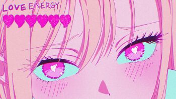 1girl absurdres blonde_hair blush close-up eye_focus eyelashes ganetto29 heart heart-shaped_pupils highres kitagawa_marin pink_eyes solo sono_bisque_doll_wa_koi_wo_suru symbol-shaped_pupils