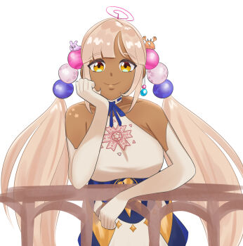 against_railing avadeerarts bare_shoulders blue_dress breasts collarbone commentary dark-skinned_female dark_skin dress elbow_gloves english_commentary gloves gold_dress grey_hair hair_ornament head_rest highres hololive hololive_english kaniko_(tsukumo_sana) large_breasts limiter_(tsukumo_sana) long_hair multicolored_dress planet_hair_ornament railing tsukumo_sana tsukumo_sana_(1st_costume) twintails usaslug_(tsukumo_sana) very_long_hair virtual_youtuber white_background white_dress white_gloves yellow_eyes