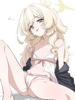 1girl bare_shoulders blonde_hair blue_archive breasts cameltoe donutman green_eyes halo highres loli long_hair looking_at_viewer off_shoulder professor_niyaniya_(blue_archive) small_breasts smile solo spread_legs tongue tongue_out