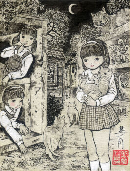 3girls alexander_horned_sphere alice&#039;s_adventures_in_wonderland animal blush bottle bush cat cheshire_cat_(alice_in_wonderland) crescent_moon dress finger_to_mouth fractal_underground_studio grin hairband holding holding_animal holding_cat kneehighs long_hair long_sleeves looking_at_viewer low_twintails lying monochrome moon multiple_girls night night_sky original plaid_clothes plaid_dress school_uniform shelf shirt short_hair sky sleeveless sleeveless_dress smile socks standing teeth traditional_media tree twintails