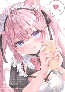 Rule 34 | 1girl, :3, :q, absurdres, animal ear fluff, animal ears, antenna hair, black ribbon, blue eyes, blush, bottle, bow, bowtie, breasts, cleavage, closed mouth, commentary request, dutch angle, extra ears, eyelashes, eyes visible through hair, frilled shirt collar, frills, furrowed brow, hair between eyes, hair ribbon, hakui koyori, hakui koyori (dark maid), hands up, heart, highres, holding, holding bottle, hololive, lips, long hair, looking at viewer, maid, maid headdress, medium breasts, nail polish, official alternate costume, pink bow, pink bowtie, pink hair, pink nails, puffy short sleeves, puffy sleeves, ribbon, short sleeves, sidelocks, signature, simple background, sleeve bow, smile, solo, speech bubble, split mouth, spoken heart, tongue, tongue out, tsumugi-t, twintails, upper body, very long hair, virtual youtuber, watermark, white background, wolf ears, wolf girl