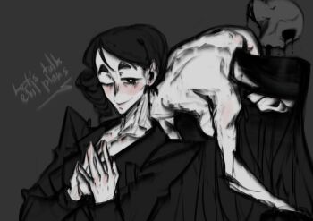 1girl artist_name black_hair bladeubae blush breasts buttons closed_mouth drill_hair drill_ponytail female female_focus formal_clothes greyscale grin her_(imscared) imscared jacket lapels monochrome restorer_(imscared) smile suit suit_jacket text_background white_face_(imscared)