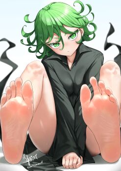 1girl absurdres barefoot black_dress breasts curly_hair dress feet flipped_hair foot_focus full_body green_eyes green_hair highres long_sleeves looking_at_viewer maburoku no_panties one-punch_man small_breasts soles spread_legs tatsumaki toes
