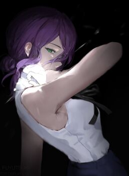 1girl absurdres armpit_crease black_choker black_ribbon chainsaw_man choker fuyutsuki11 green_eyes grenade_pin hair_between_eyes highres looking_at_viewer neck_ribbon purple_hair reze_(chainsaw_man) ribbon shirt shirt_tucked_in sleeveless sleeveless_shirt white_shirt