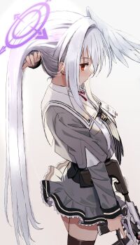 Rule 34 | 1girl, absurdres, black neckerchief, blue archive, commentary request, cowboy shot, cropped jacket, frilled skirt, frills, grey jacket, gun, hair between eyes, hair focus, halo, head wings, highres, holding, holding own hair, jacket, lone nape hair, long hair, long sleeves, looking at viewer, looking to the side, miniskirt, neckerchief, profile, purple halo, red eyes, rifle, saibashi (develop komono), school uniform, sig mcx, single head wing, skirt, solo, suzumi (blue archive), thighhighs, very long hair, weapon, white background, white hair, wings