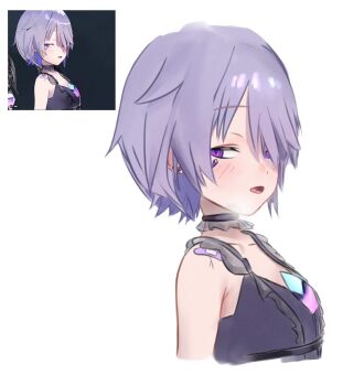 1girl bandaid bandaid_on_shoulder black_shirt chest_jewel cracked_skin d5y0m game_screenshot_inset gem half-closed_eyes highres hololive hololive_english jewel_under_eye koseki_bijou koseki_bijou_(casual) material_growth official_alternate_costume official_alternate_hairstyle purple_eyes purple_gemstone purple_hair shirt short_hair simple_background solo virtual_youtuber white_background