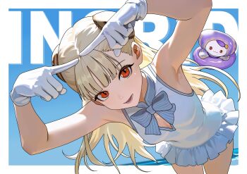 1girl :d absurdres blonde_hair blunt_bangs border character_doll character_name cleavage_cutout clothing_cutout commentary_request cowboy_shot doll gloves hairpods highres ingrid_(capcom) looking_at_viewer lower_teeth_only monoid_(street_fighter) one-piece_swimsuit open_mouth outside_border red_eyes smile solo street_fighter street_fighter_6 swimsuit teeth white_border white_gloves white_one-piece_swimsuit yagi_(joe731842)