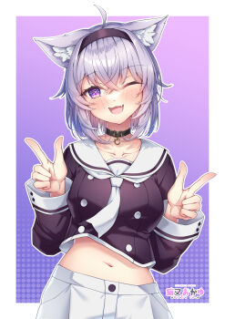 1girl ;d absurdres ahoge animal_collar animal_ears black_collar black_hairband border buttons cat_ears cat_girl cat_tail collar commentary cropped_shirt crossed_bangs double-breasted double-parted_bangs double_v hair_between_eyes hairband hands_up highres hololive long_sleeves looking_at_viewer midriff navel neckerchief nekomata_okayu nekomata_okayu_(school_uniform) official_alternate_costume one_eye_closed open_mouth purple_eyes purple_hair purple_shirt ringosan sailor_collar school_uniform serafuku shirt short_hair shorts sleeve_cuffs smile solo straight-on tail v virtual_youtuber white_border white_neckerchief white_sailor_collar white_shorts