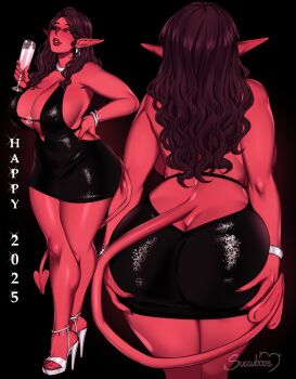 1girl 2025 absurdres artist_name ass black_background black_sclera bracelet breasts brown_hair butt_crack charlotte_(succuboos) colored_sclera colored_skin cup demon_girl demon_tail dress drinking_glass english_text front_and_back high_heels highres huge_ass jewelry large_breasts long_hair looking_at_viewer multiple_views narrowed_eyes necklace new_year original pointy_ears red_eyes red_lips red_skin red_tail sharp_teeth short_dress silver_bracelet silver_necklace succuboos tail teeth white_footwear